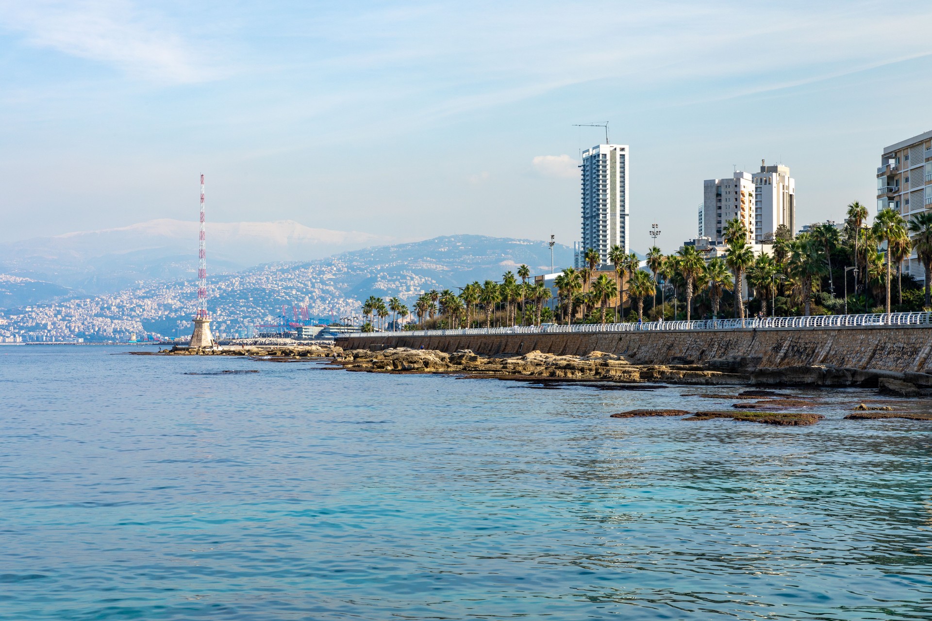 Beirut Corniche Boulevard in the Raouche. Residential and Commercial Neighborhood in Beirut. Lebanon. Popular Tourist Destination in Beirut.